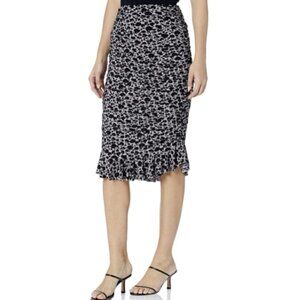 Norma Kamali Shirred Ruffle Midi Skirt Fleur Floral Gray Black Size 10 New